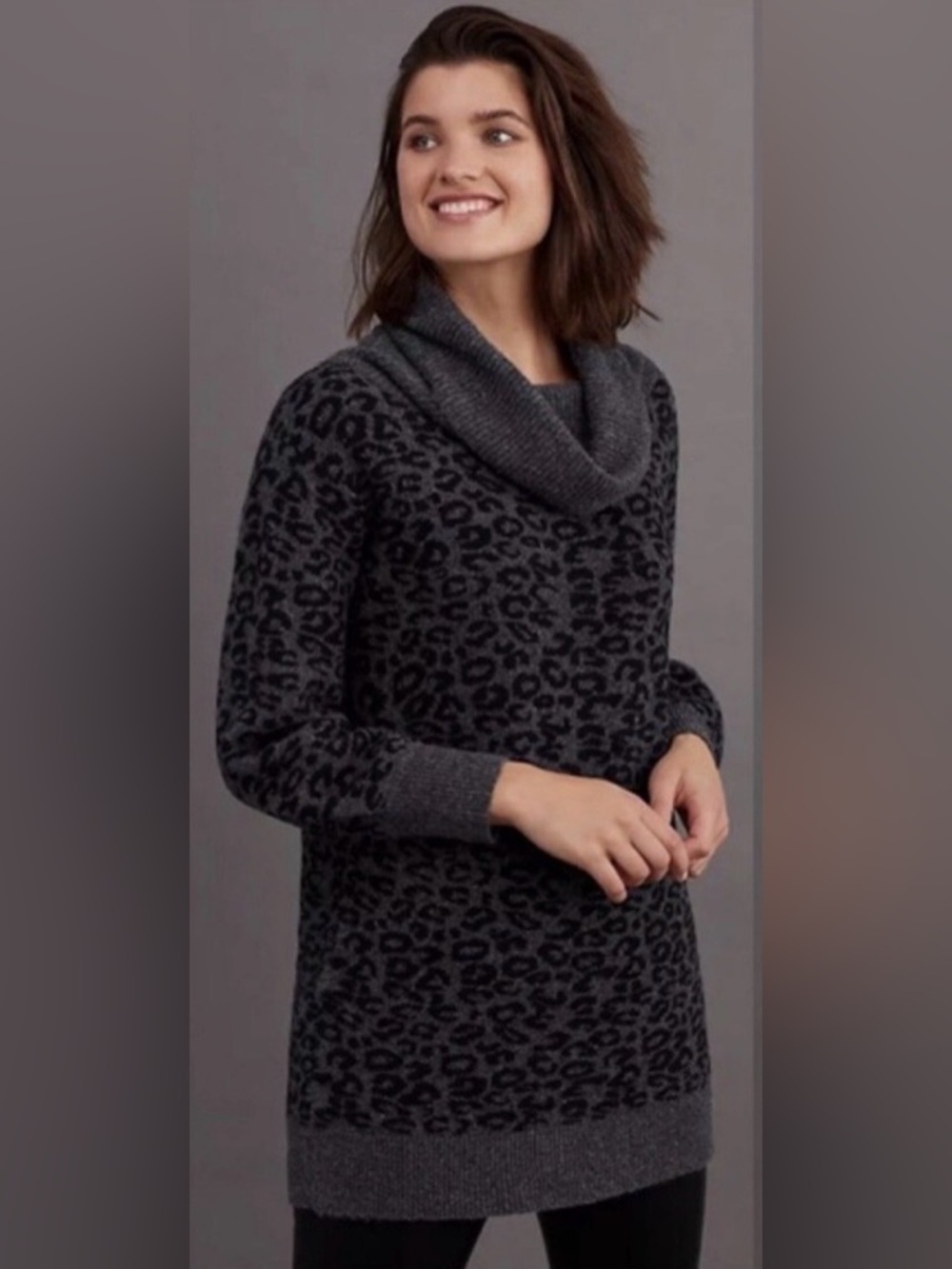 Anthropologie Emmy Cowl Neck Tunic Sweater Grey Leopard